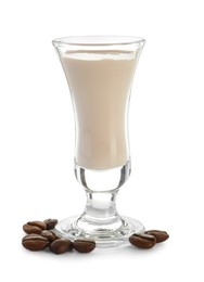 Glass of coffee cream liqueur and beans isolated on white