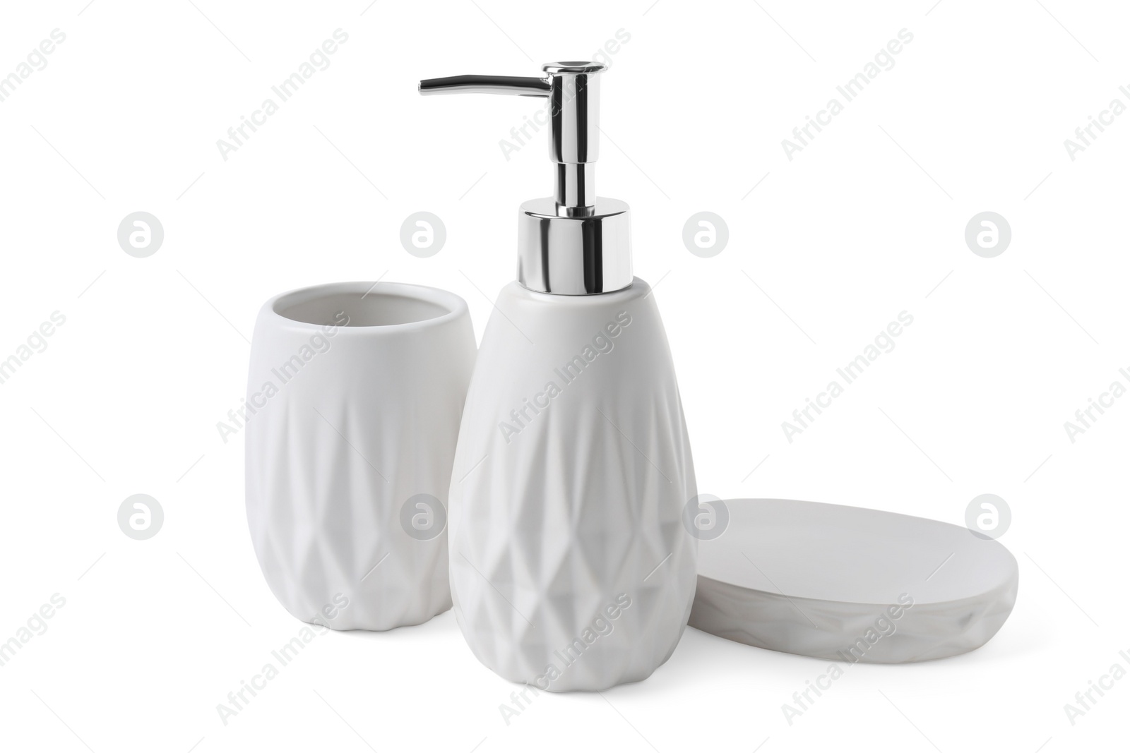 Photo of Set of bath accessories isolated on white