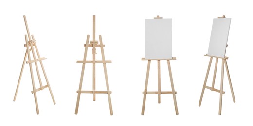 Image of Set with wooden easels on white background. Banner design