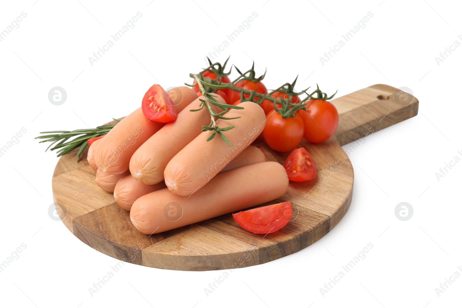 Photo of Delicious boiled sausages, tomatoes and rosemary isolated on white