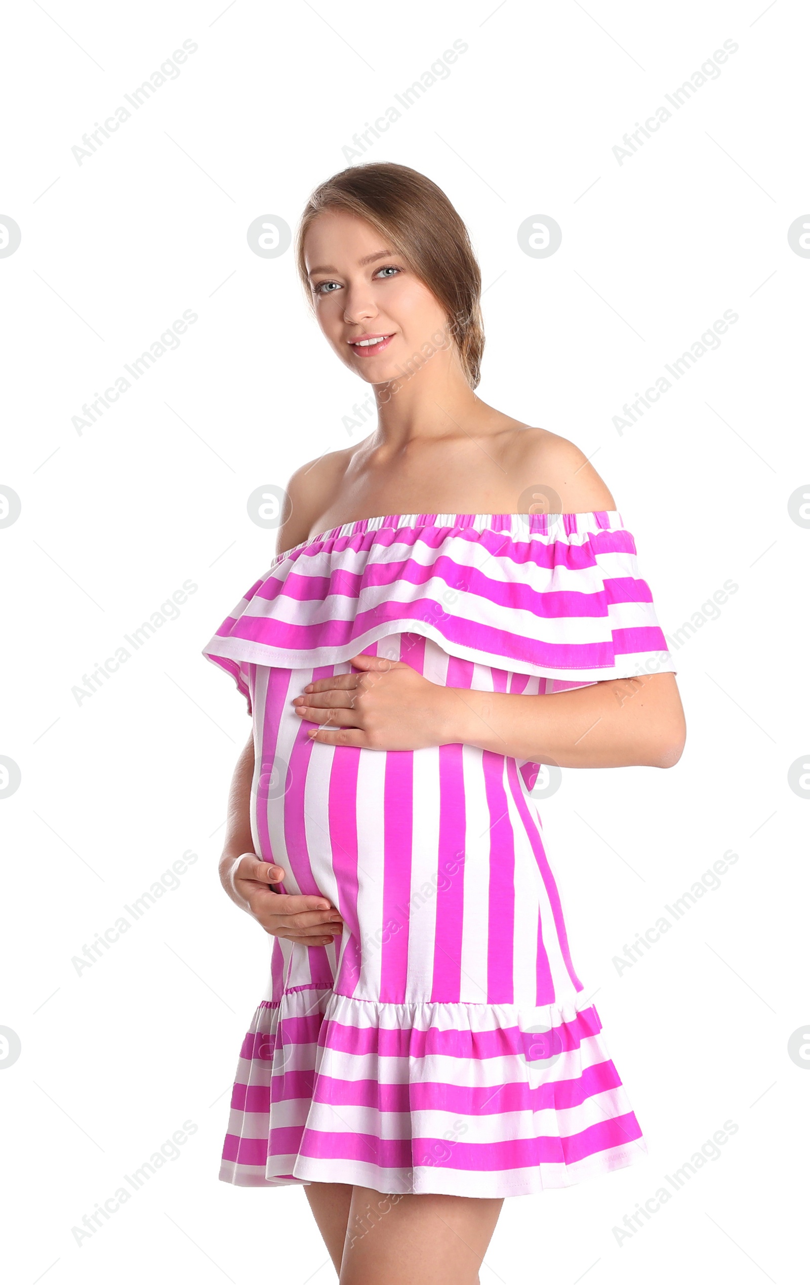 Photo of Happy pregnant woman touching her belly on white background