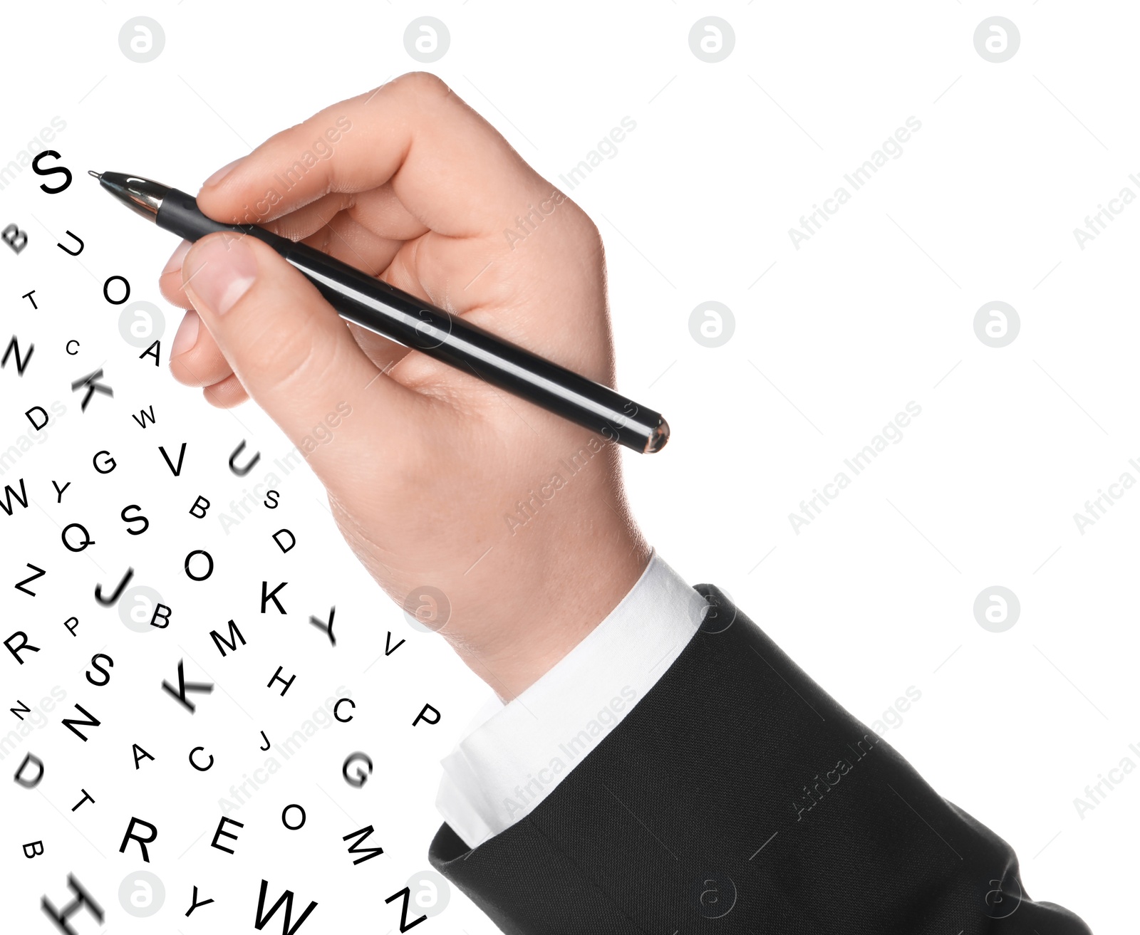 Image of Man writing letters and they flying away on white background, closeup