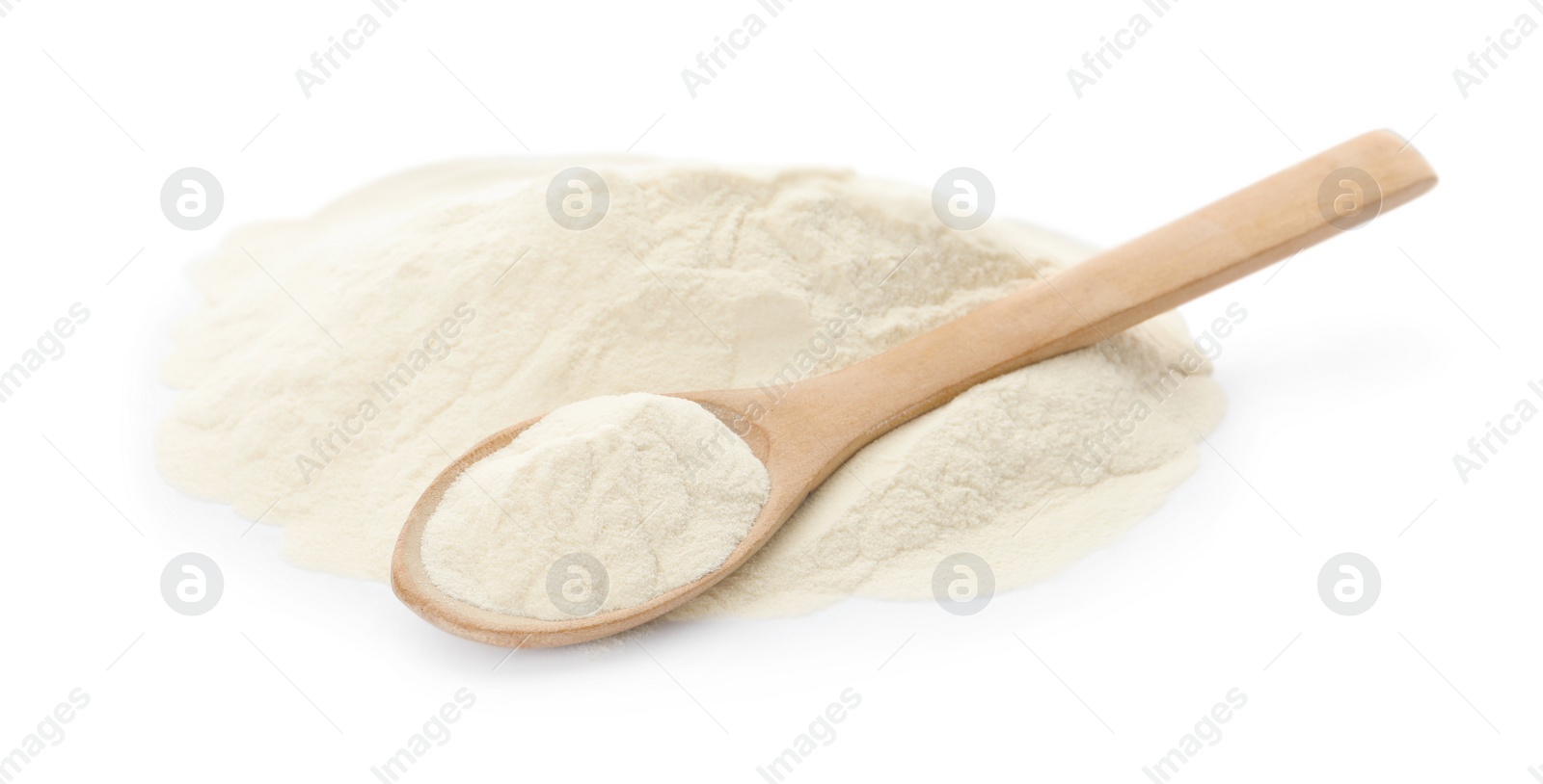 Photo of Pile of agar-agar powder and wooden spoon on white background