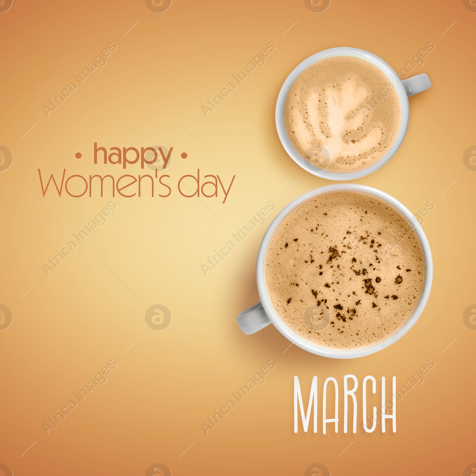 Image of 8 March - Happy International Women's Day. Card design with shape of number eight made of coffee drinks on dark beige background, top view