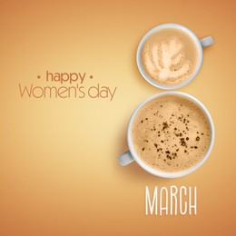 Image of 8 March - Happy International Women's Day. Card design with shape of number eight made of coffee drinks on dark beige background, top view