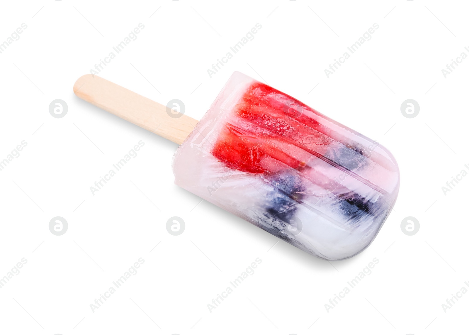 Photo of Tasty refreshing berry popsicle isolated on white