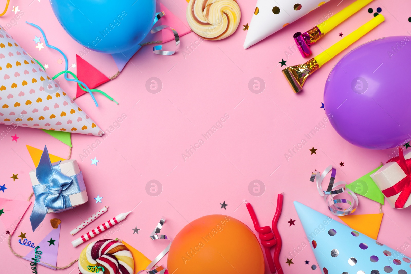 Photo of Flat lay composition with birthday party items on color background