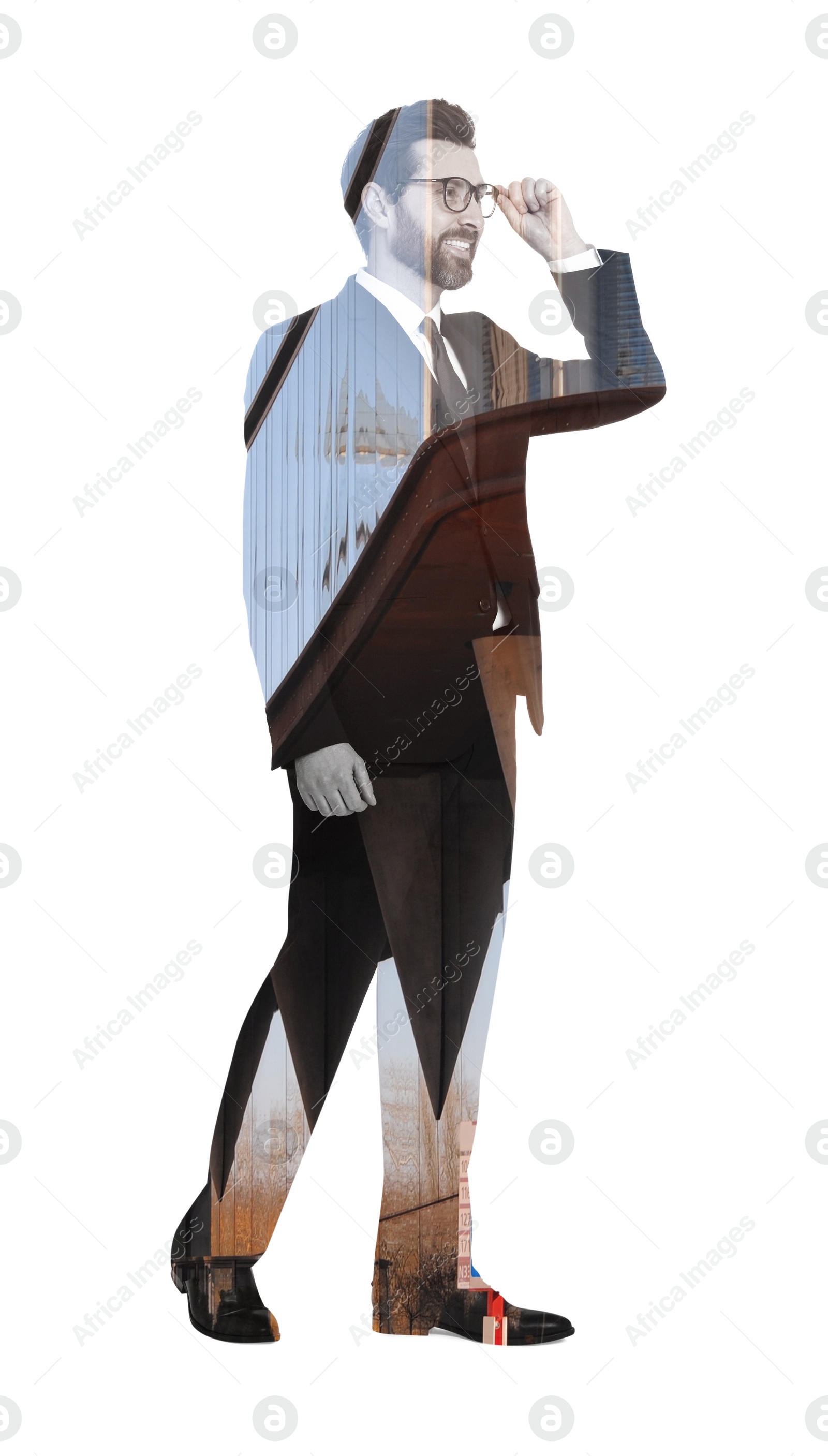 Image of Double exposure of businessman and office building