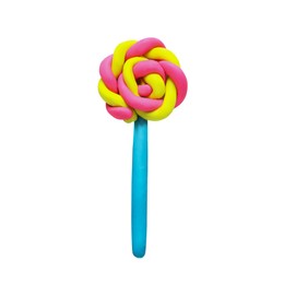 Colorful lollipop made of plasticine isolated on white, top view