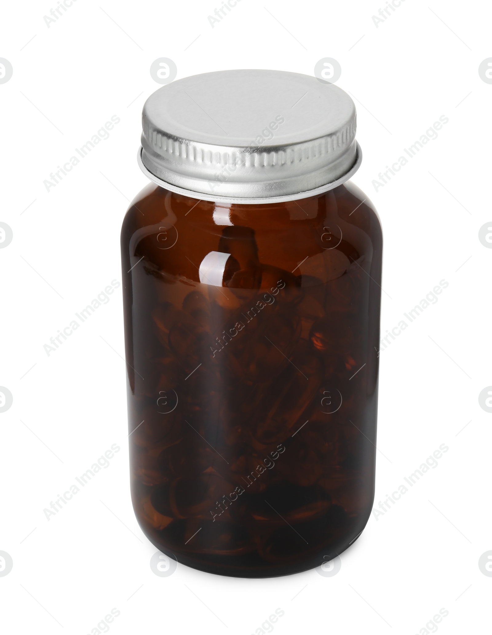 Photo of Softgel capsules in bottle isolated on white