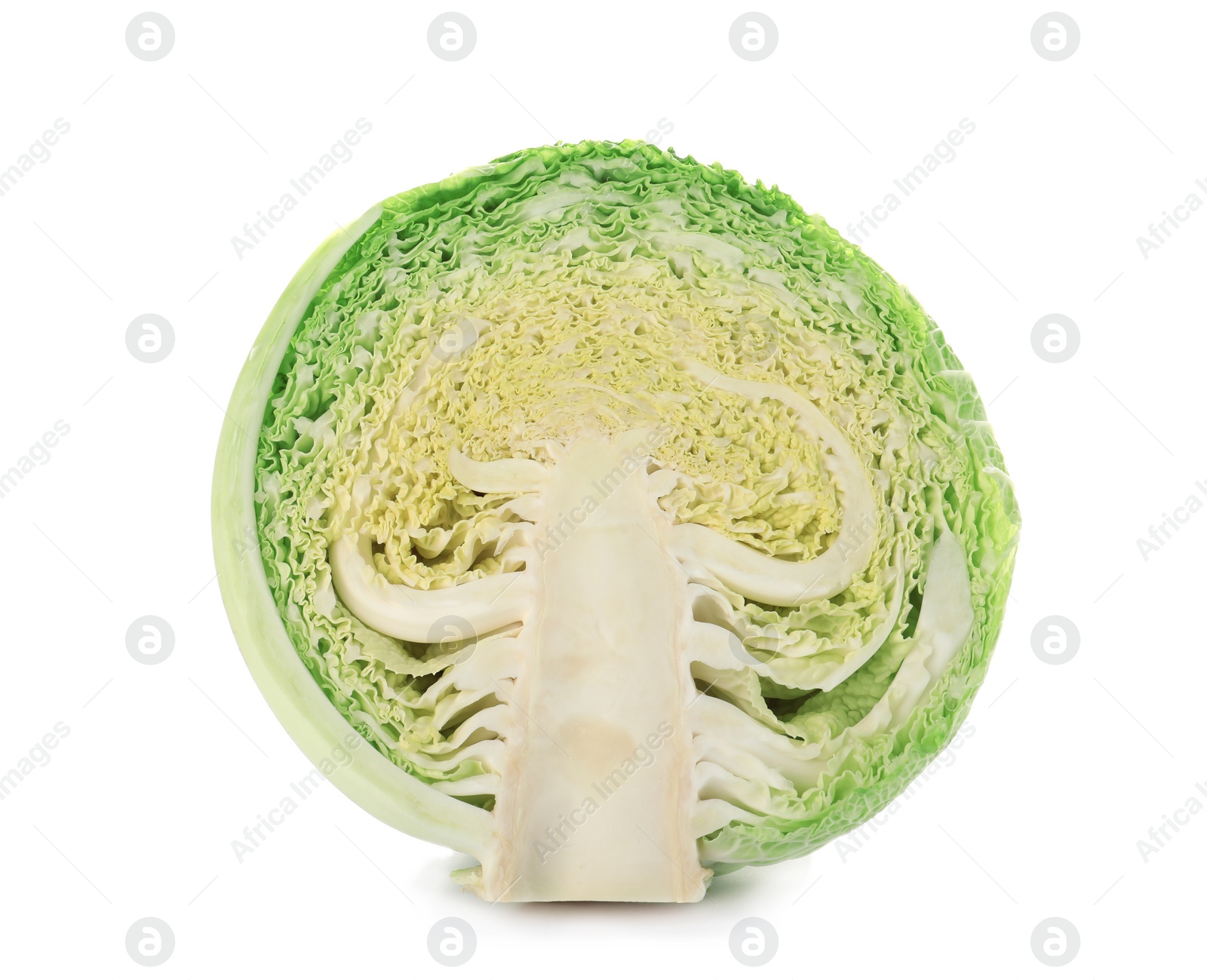 Photo of Fresh cut savoy cabbage on white background