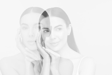 Image of Double exposure of beautiful young woman. Black and white effect