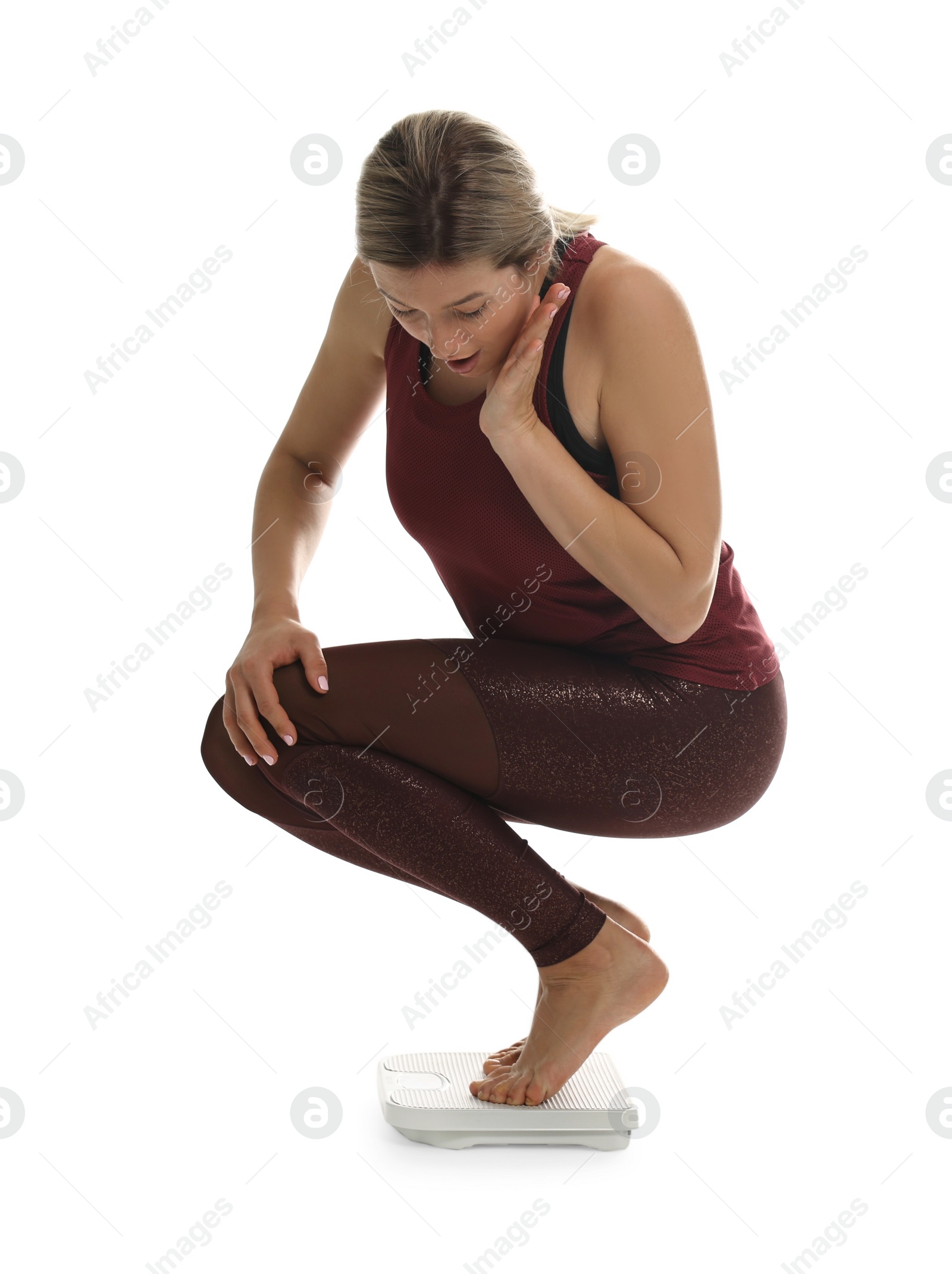 Photo of Surprised woman standing on floor scales against white background