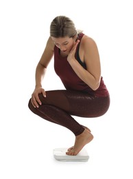 Surprised woman standing on floor scales against white background