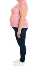 Photo of Overweight woman on white background, closeup. Weight loss