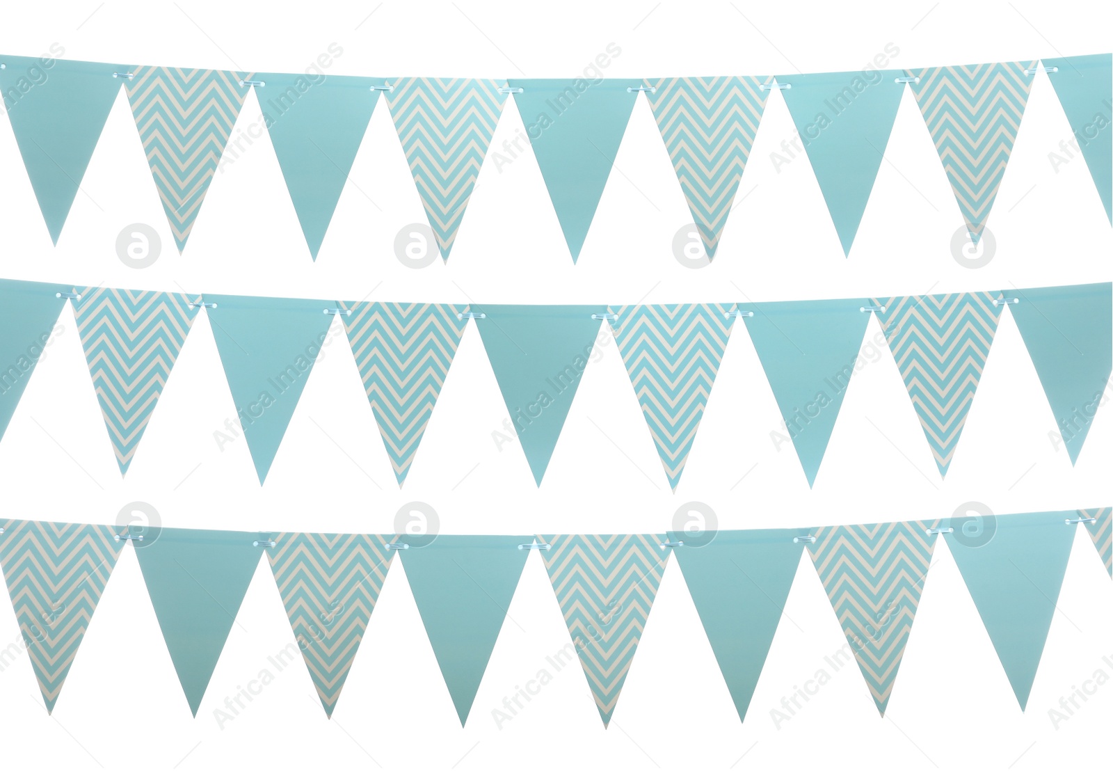 Photo of Rows of triangular bunting flags on white background. Festive decor