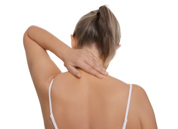 Photo of Woman suffering from pain in her neck on white background, back view