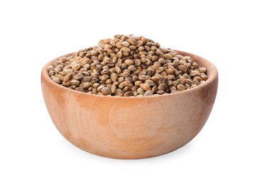 Photo of Wooden bowl of hemp seeds on white background