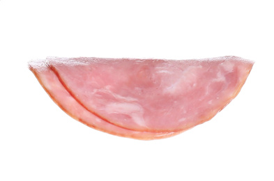 Photo of Tasty ham slices isolated on white. Sandwich ingredient