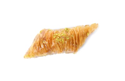 Photo of Piece of delicious baklava with pistachios isolated on white, top view