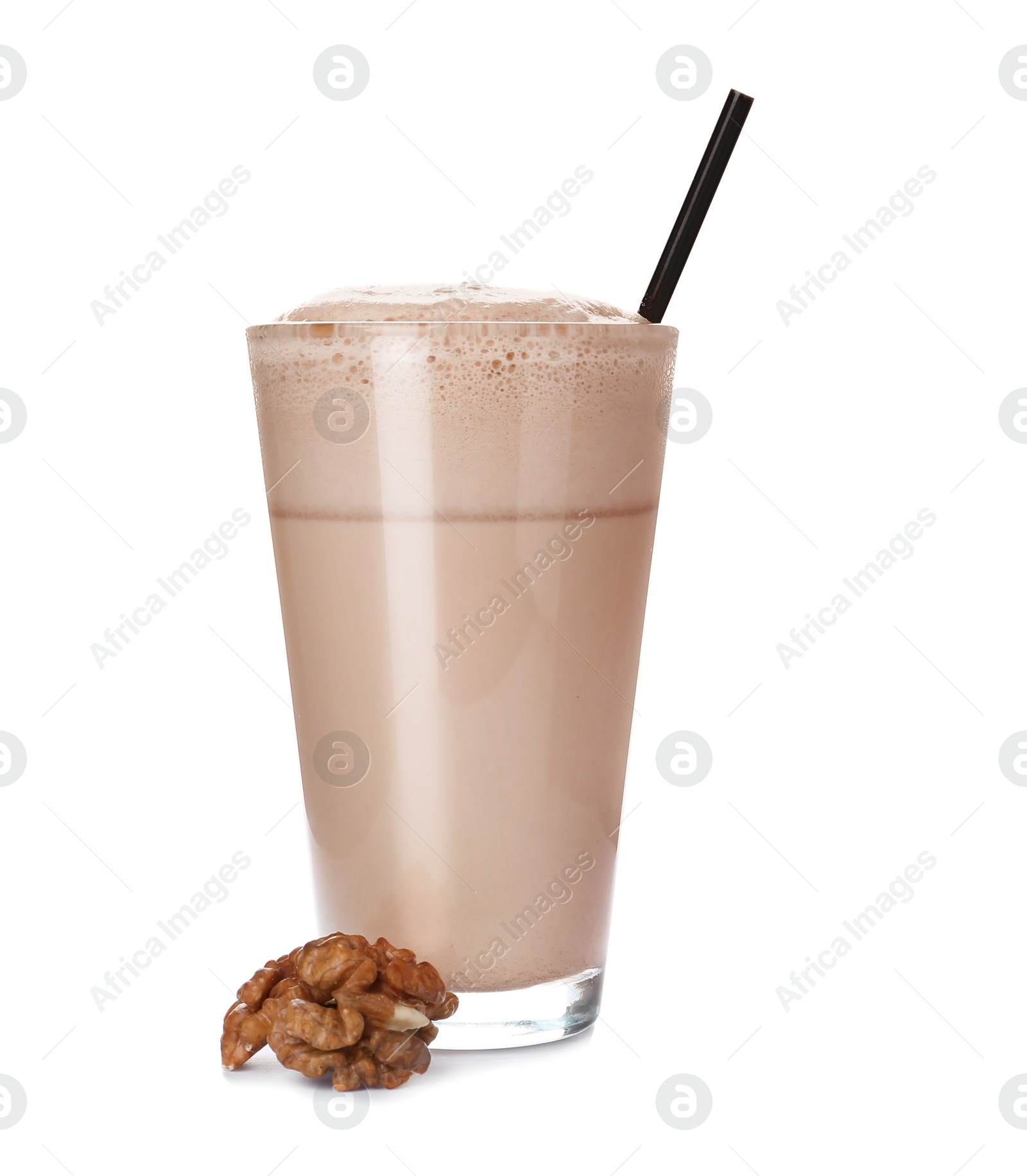 Photo of Glass with delicious milk shake on white background