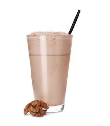 Photo of Glass with delicious milk shake on white background