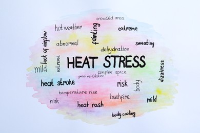 Photo of Word cloud on white background, top view. Heat stress concept