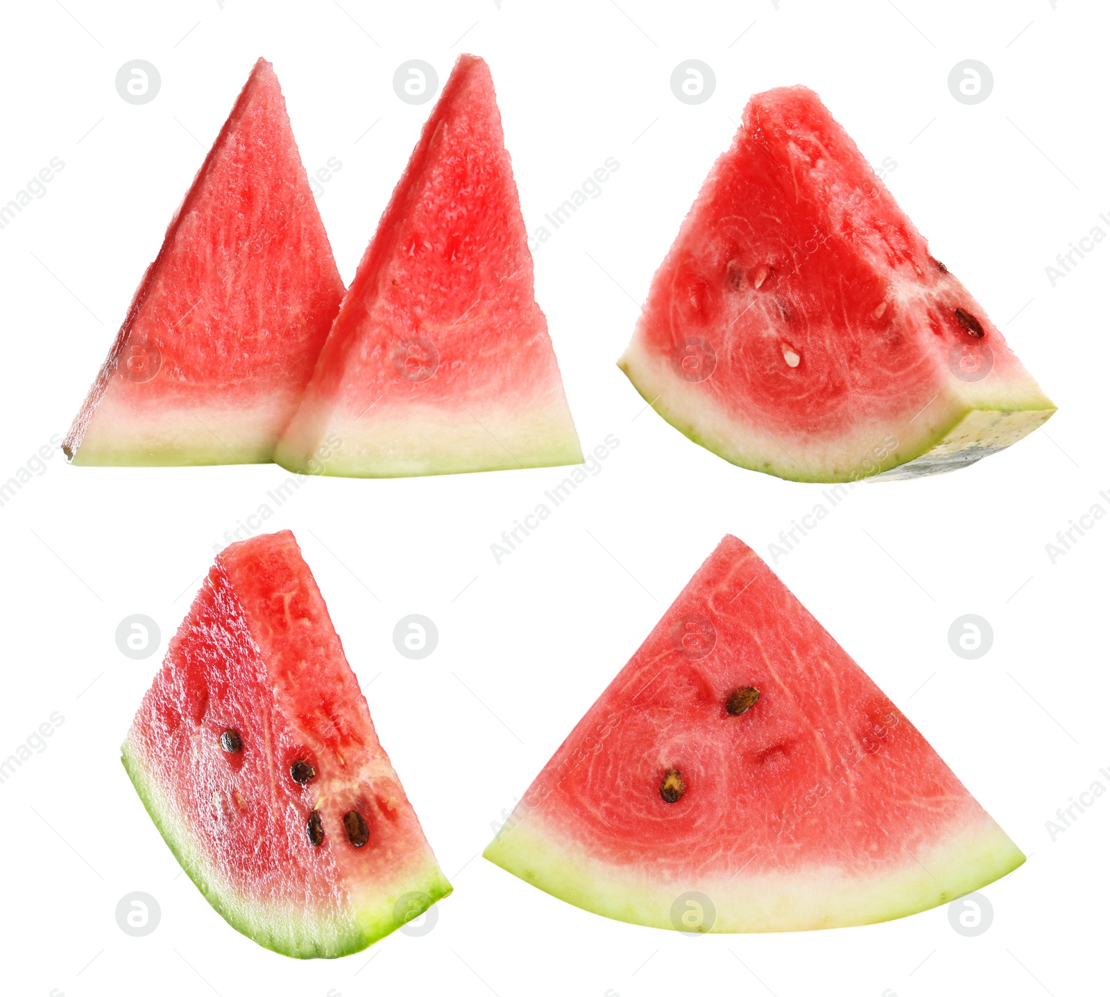 Image of Set of fresh watermelon slices on white background