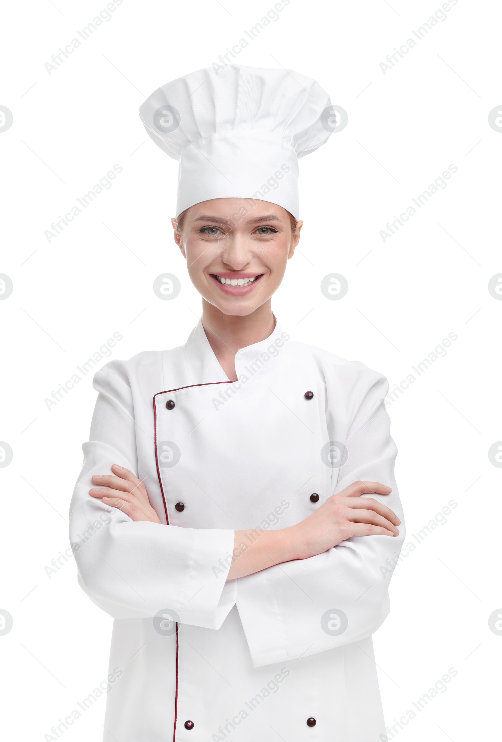 Photo of Happy woman chef in uniform on white background