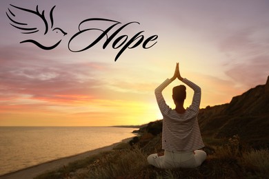 Image of Concept of hope. Woman meditating near sea at sunset, back view