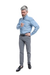 Photo of Mature businessman in stylish clothes posing on white background, low angle view