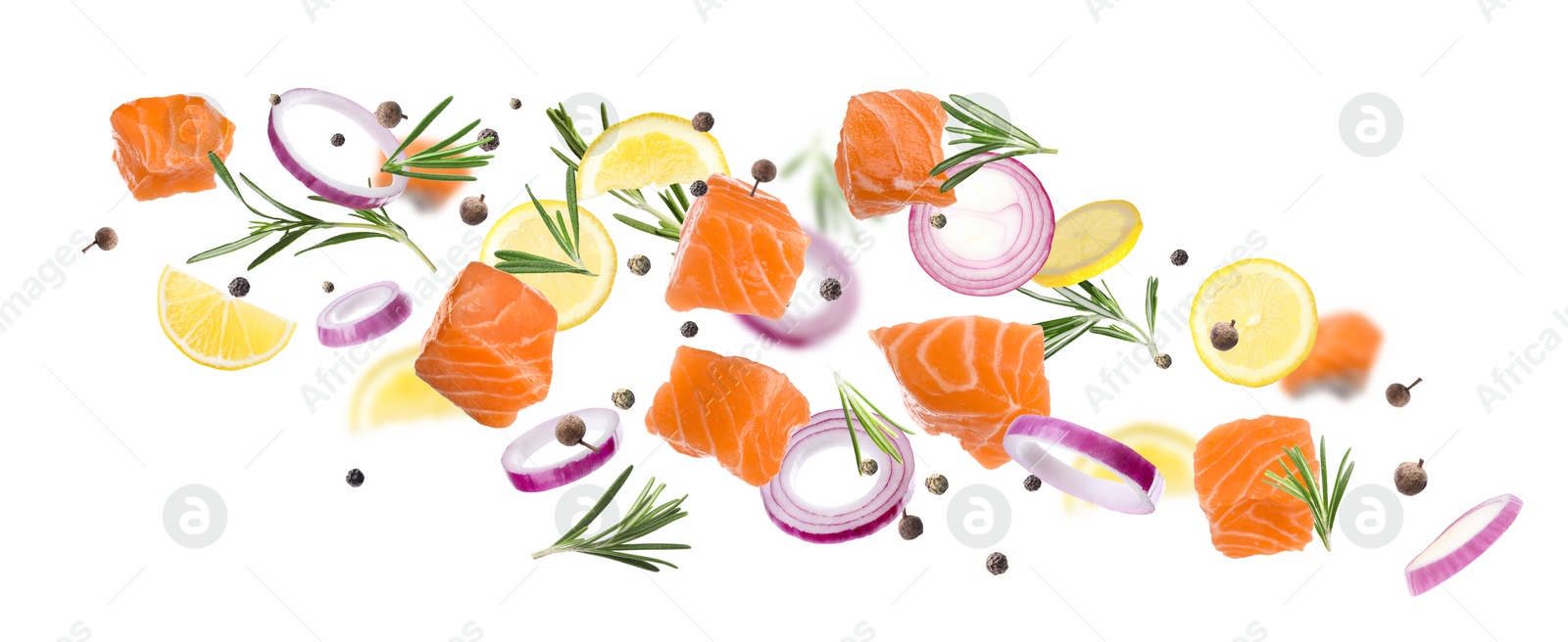 Image of Pieces of delicious fresh raw salmon and different spices on white background. Banner design 