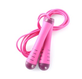 Photo of Pink skipping rope on white background, top view. Sports equipment