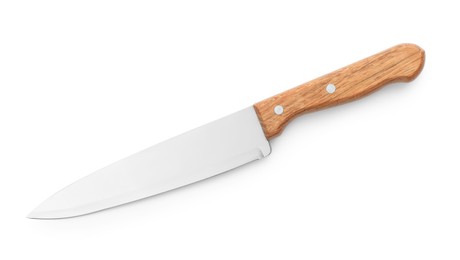 Photo of One sharp knife isolated on white, top view