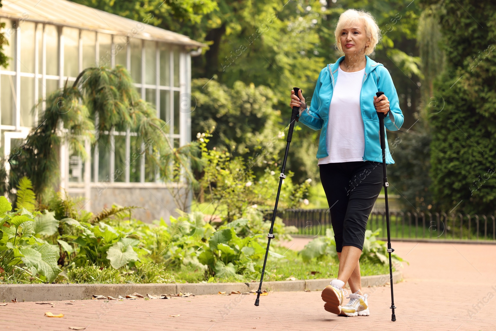 Photo of Senior woman performing Nordic walking outdoors, space for text. Low angle view