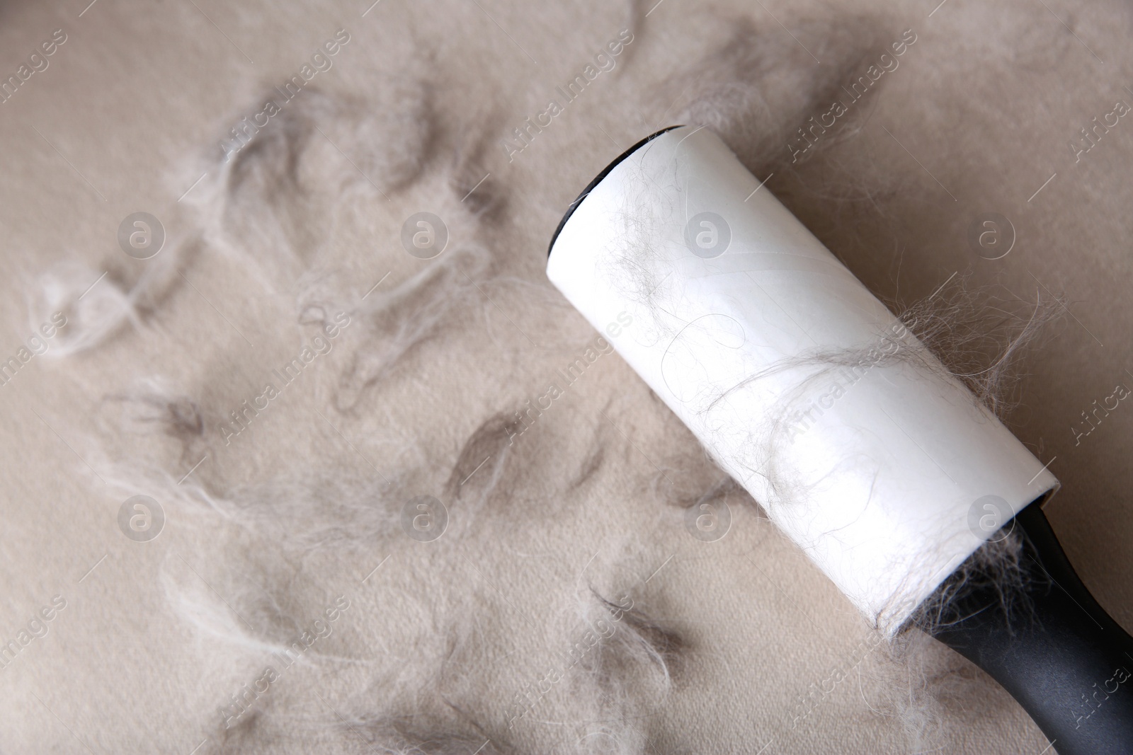 Photo of Modern lint roller and cat hair on light fabric, closeup