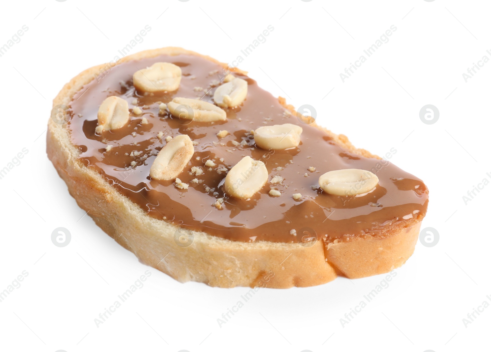 Photo of Toast with tasty nut butter and peanuts isolated on white