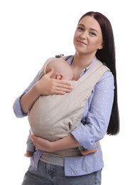 Mother holding her child in baby carrier on white background