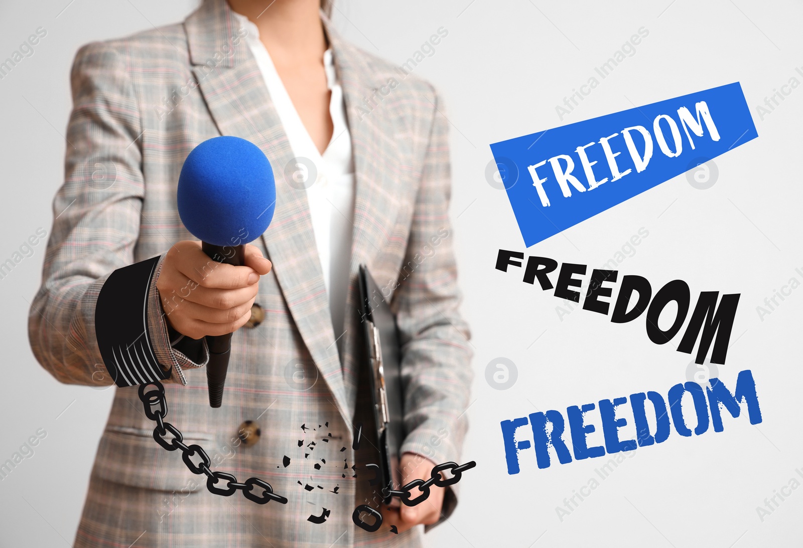 Image of Freedom of speech. Journalist with microphone and broken shackles on white background, closeup