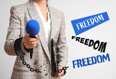 Image of Freedom of speech. Journalist with microphone and broken shackles on white background, closeup