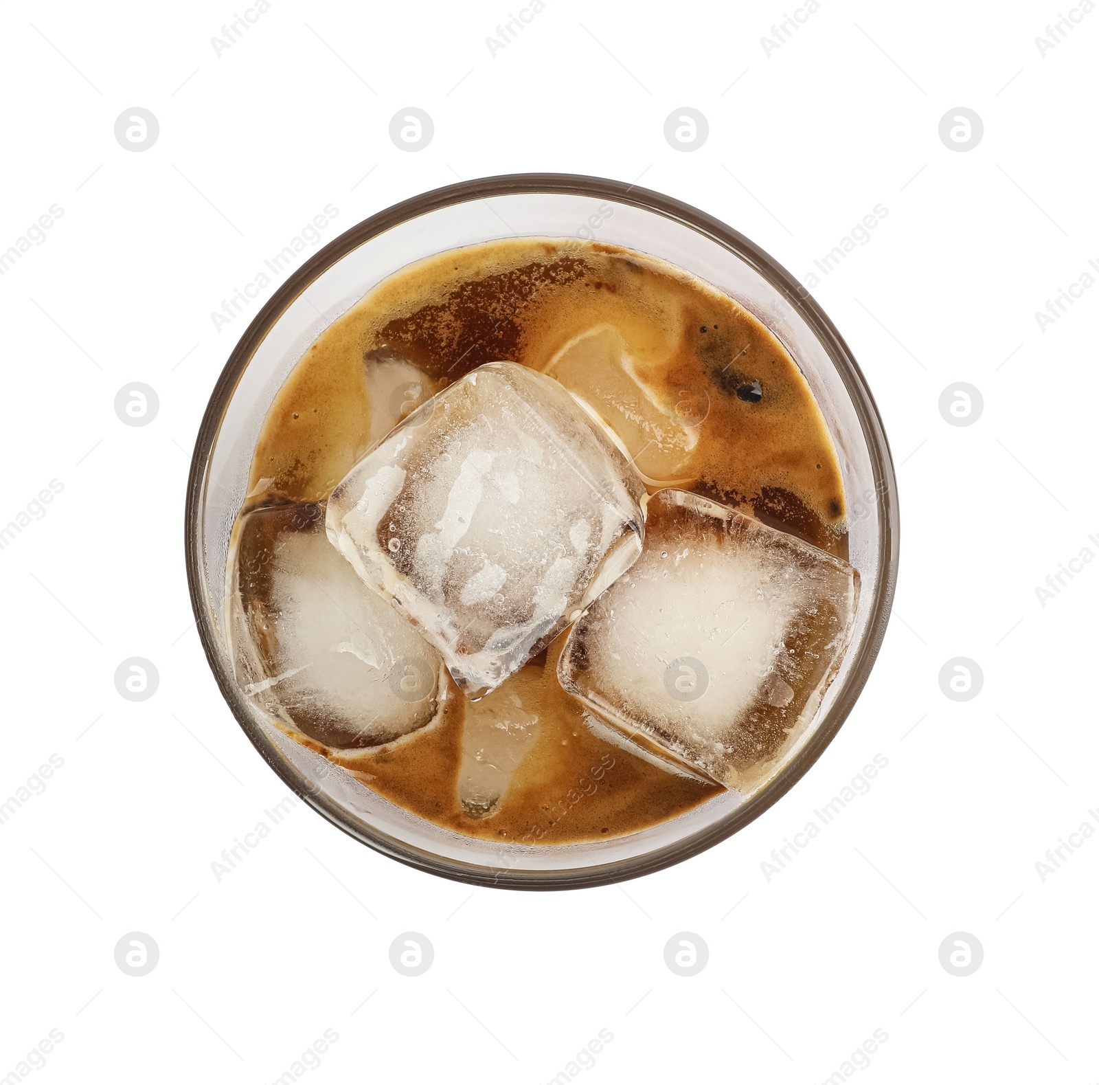 Photo of Iced coffee in glass on white background, top view