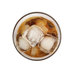 Photo of Iced coffee in glass on white background, top view