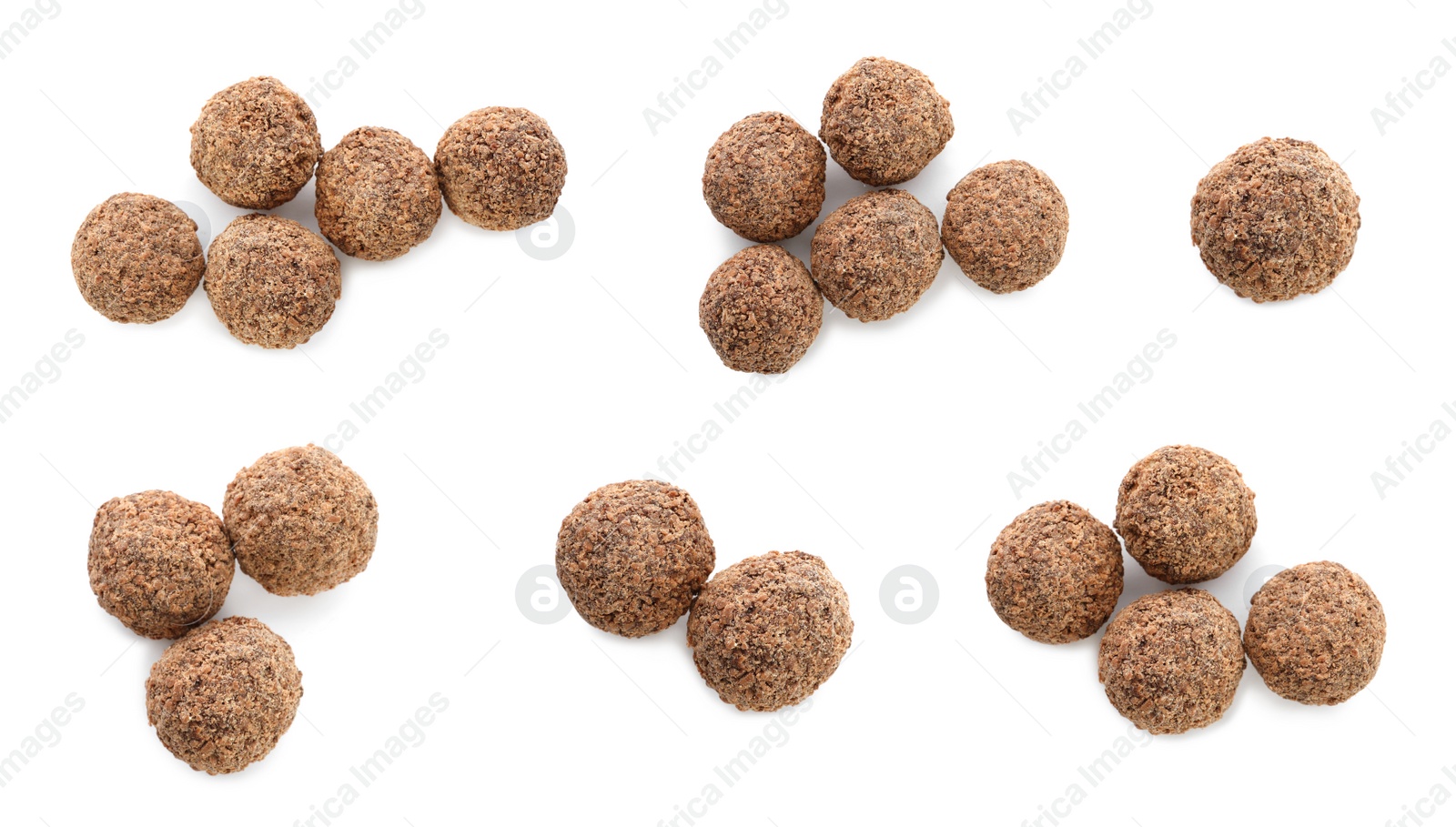 Image of Set with delicious sweet chocolate truffles on white background, top view