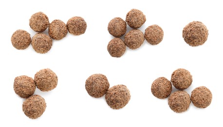 Image of Set with delicious sweet chocolate truffles on white background, top view