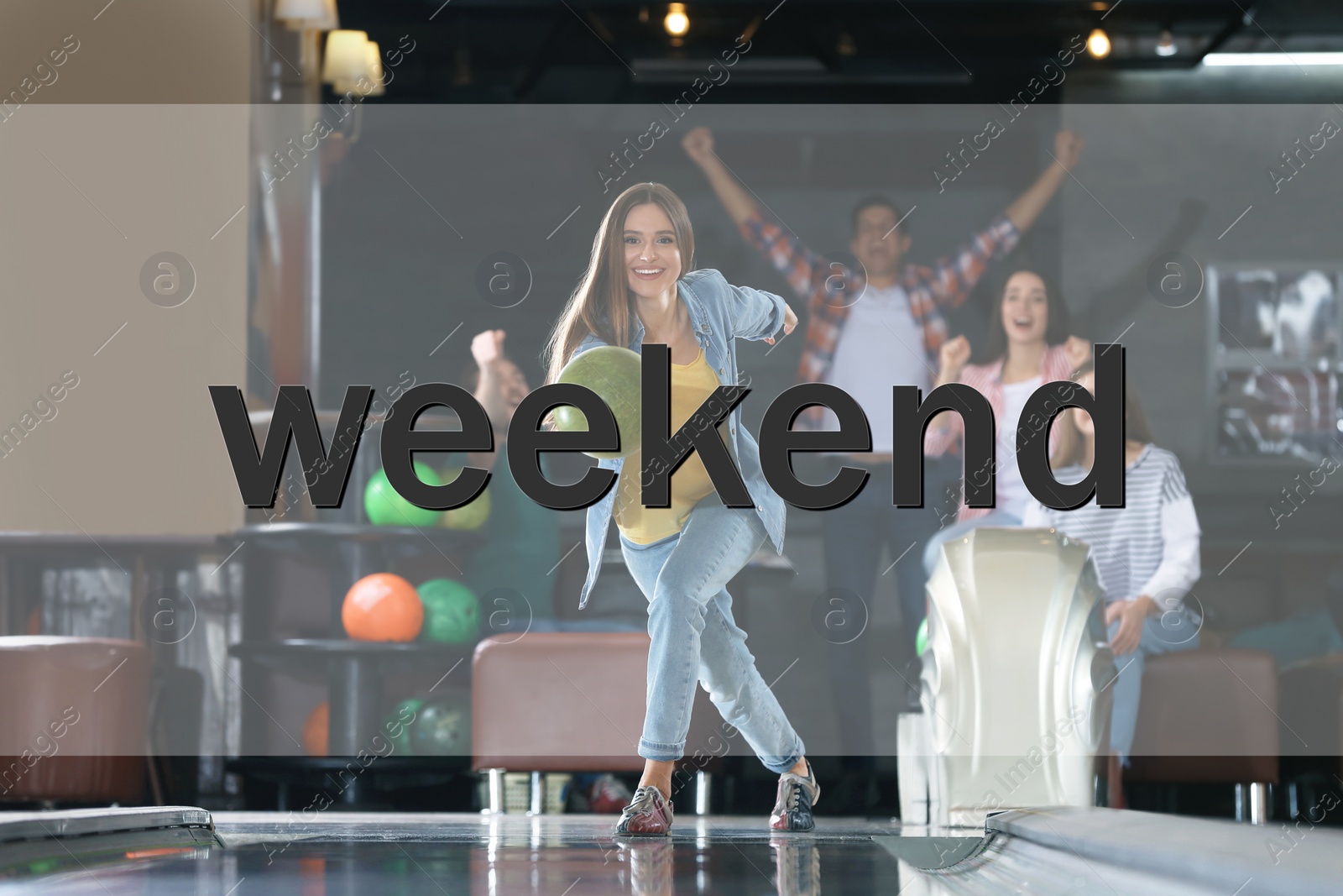 Image of Hello Weekend. Young woman throwing ball and spending time with friends in bowling club