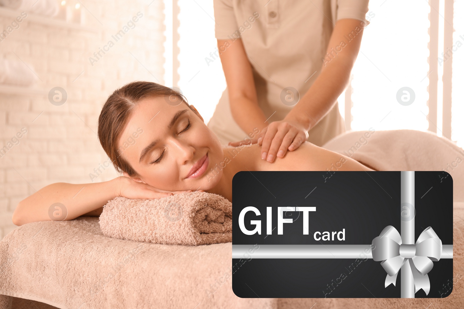 Image of Spa salon gift card. Happy young woman having body scrubbing procedure 