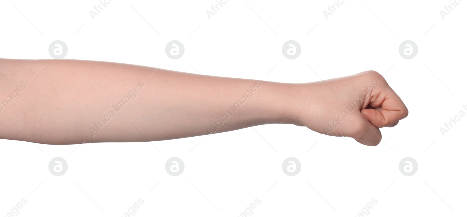 Photo of Playing rock, paper and scissors. Woman showing fist on white background, closeup