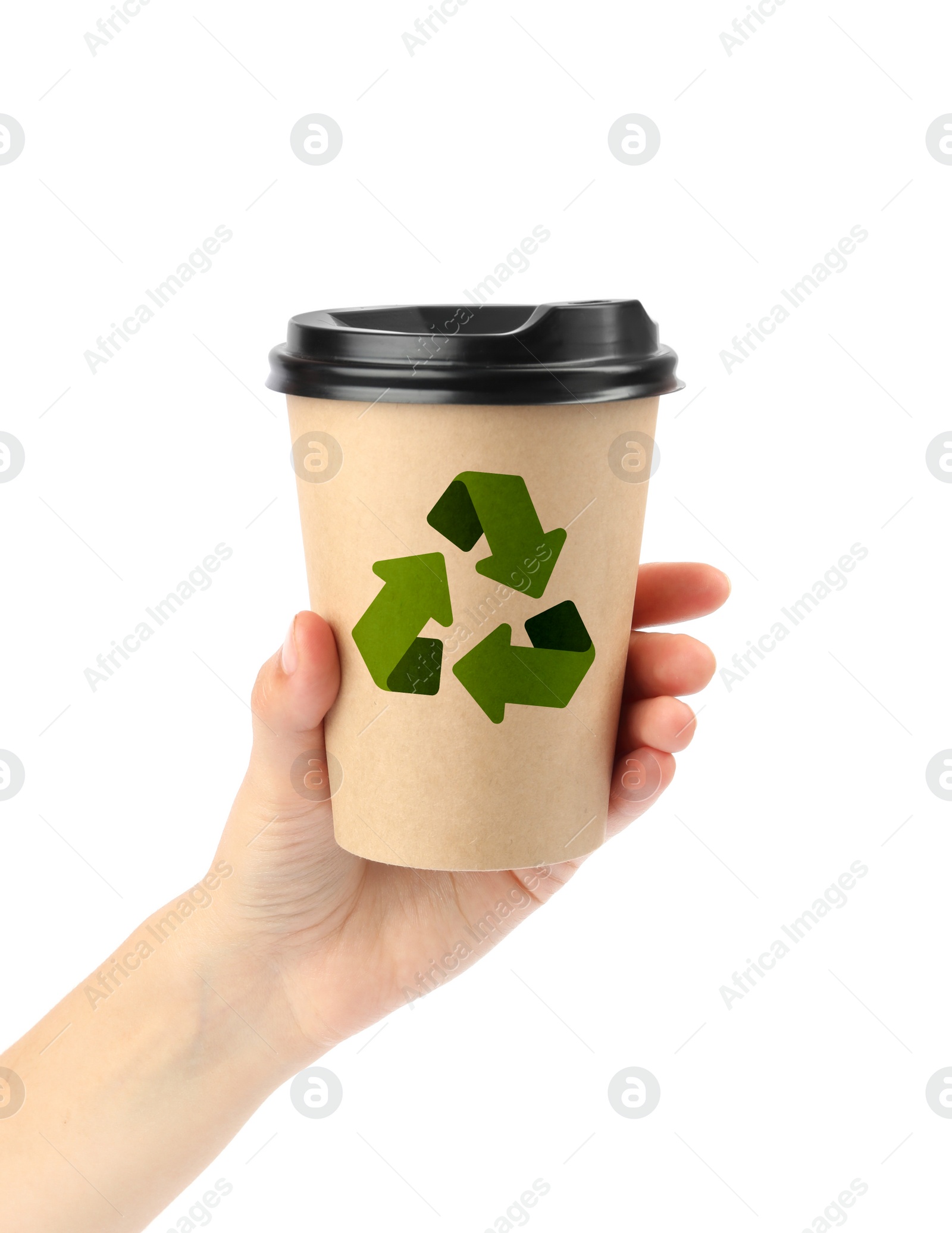 Image of Woman holding takeaway paper coffee cup with recycling symbol on white background, closeup