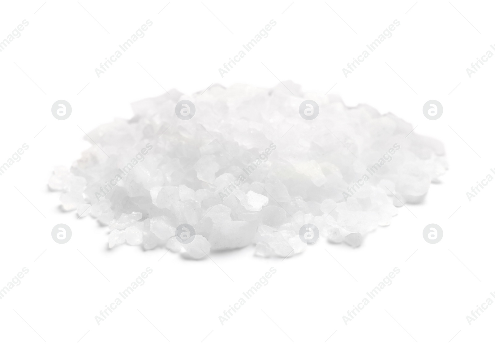 Photo of Heap of natural sea salt on white background