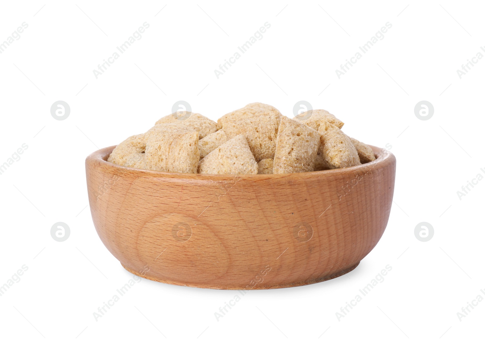 Photo of Wooden bowl of delicious corn pads isolated on white